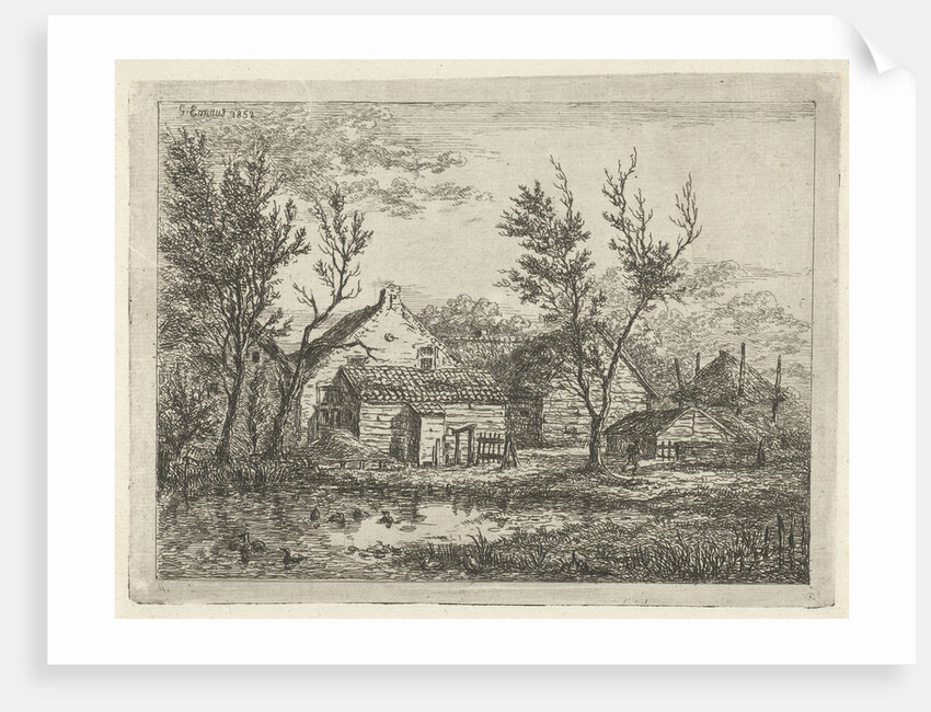 On a farm with several buildings and a haystack, a person walks near a tree, a pond with ducks by Gerardus Emaus de Micault