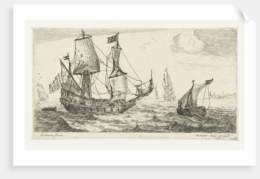 A large sailing ship, a pinnace, and a smaller ship, on the water, three large ships, a village right on the coast by Anonymous