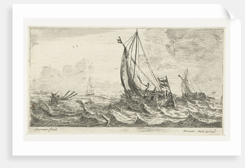 Two ferries and a rowing boat on a rough sea by Anonymous