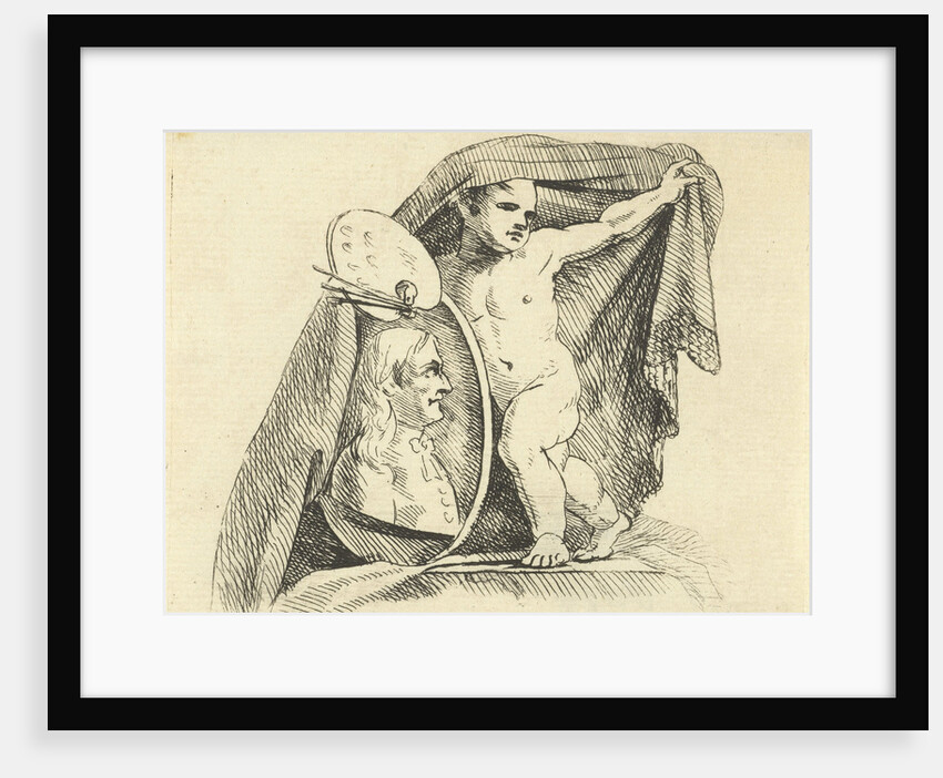 Child with painters palette and portrait of deceased artist and mourning veil by Antonis Aloisius Emanuel van Bedaff