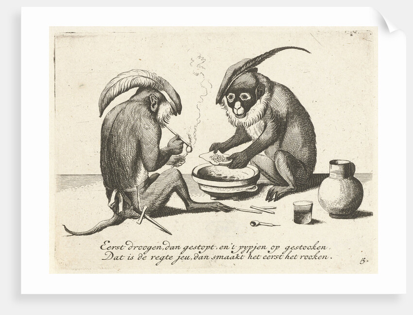 Two monkeys smoking a pipe by Anonymous