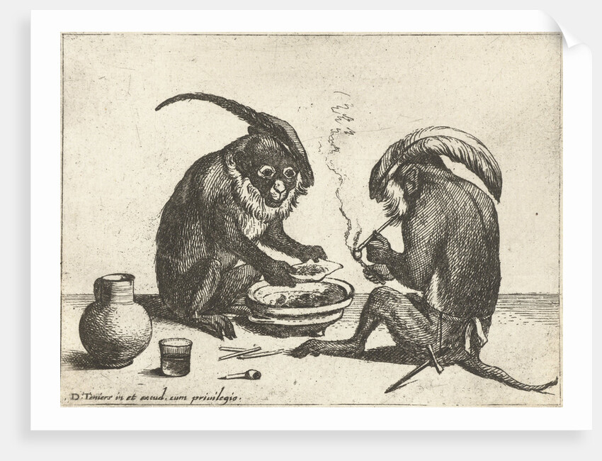 Two monkeys smoking pipe by Anonymous