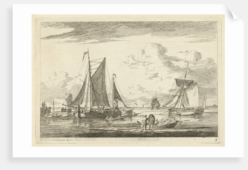 Beach and sea with several boats by Gerrit Groenewegen