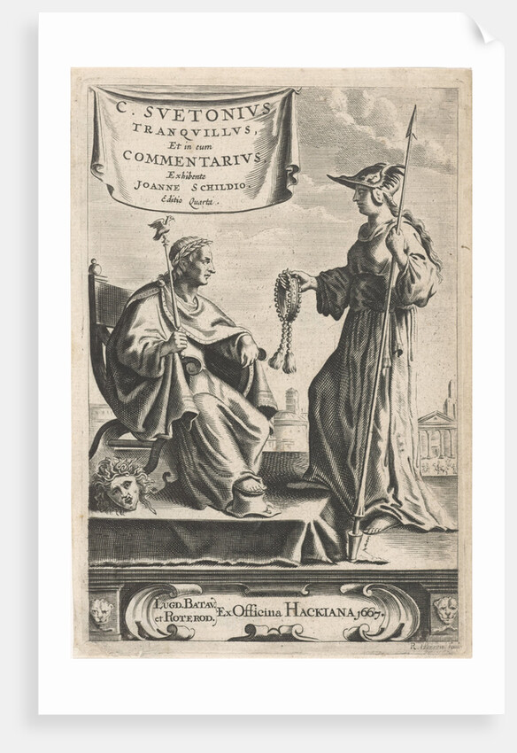 On a pedestal is an emperor on his throne, beside a Medusa head by Reinier van Persijn