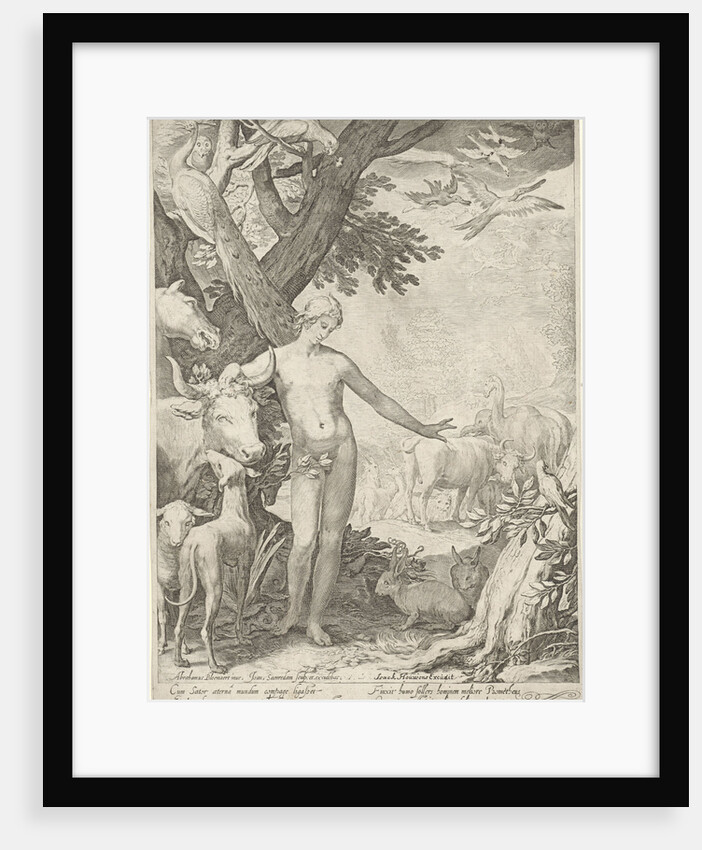 Adam stands in the foreground, around him all kinds of animals by Jan Saenredam