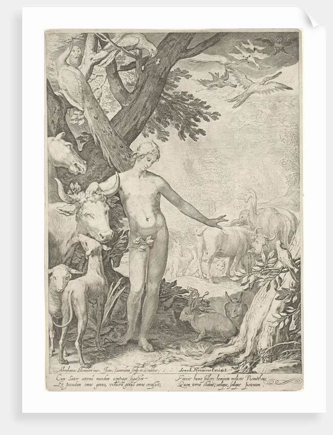 Adam stands in the foreground, around him all kinds of animals by Jan Saenredam