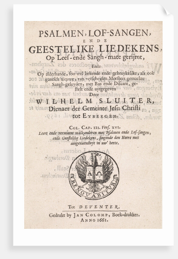 Title page for: Willem Sluiter, Psalms, Psalmen, lof-sangen, ende geestelike liedekens by Anonymous