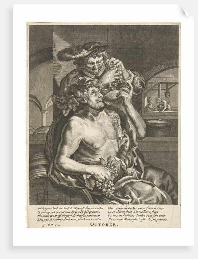 October, Bacchus who drinks wine by Joachim von Sandrart