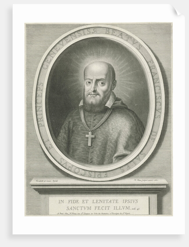Portrait of St. Francis de Sales, a halo behind his head, he was bishop of Geneva and Annecy, on the pedestal a Bible quote by Nicolas Pitau I