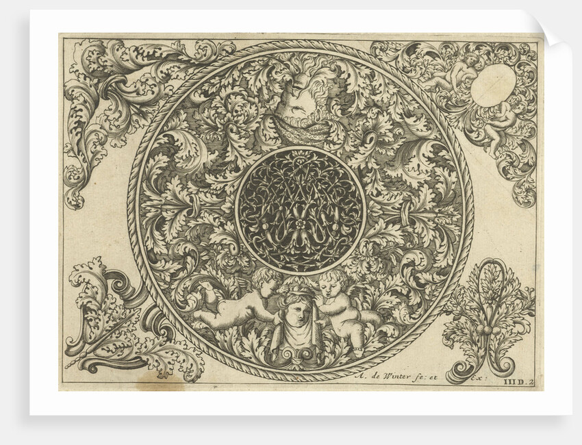 Edge of circular plate with leaf tendrils, masks and putti, Anthonie de Winter by C. de Moelder