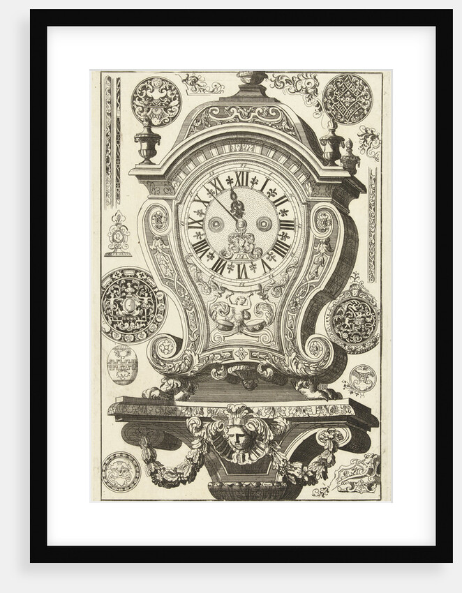 Clock on console with mask and garland, Daniël Marot I by Anonymous