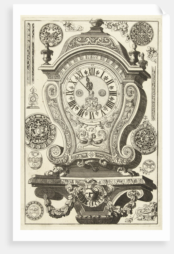 Clock on console with mask and garland, Daniël Marot I by Anonymous