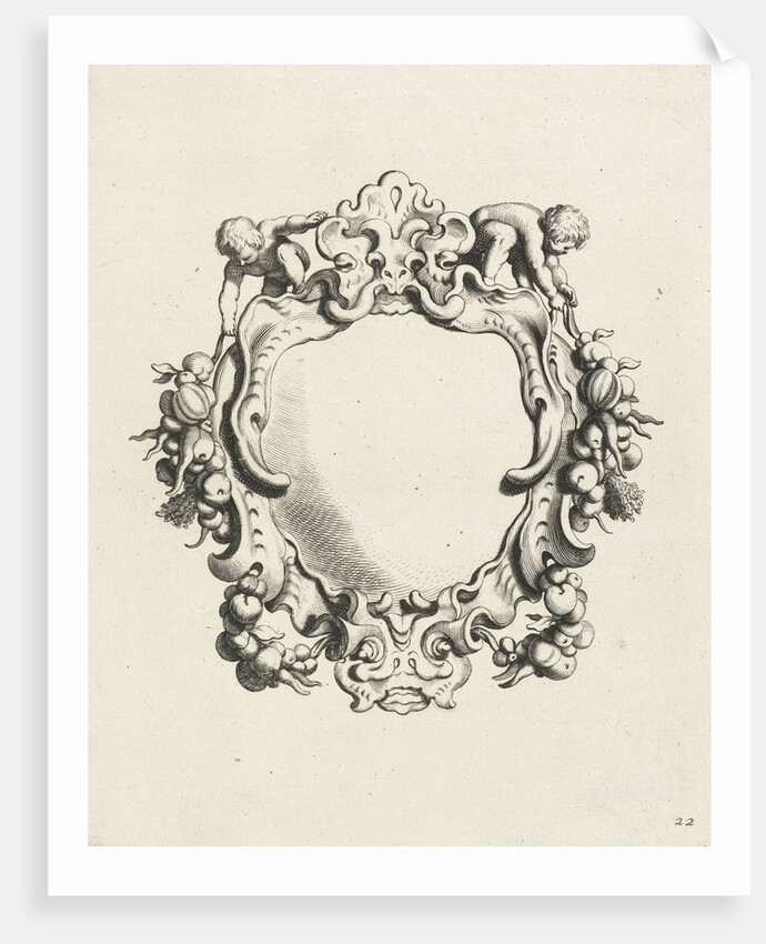 Cartouche with lobe ornament with two children by Clement de Jonghe