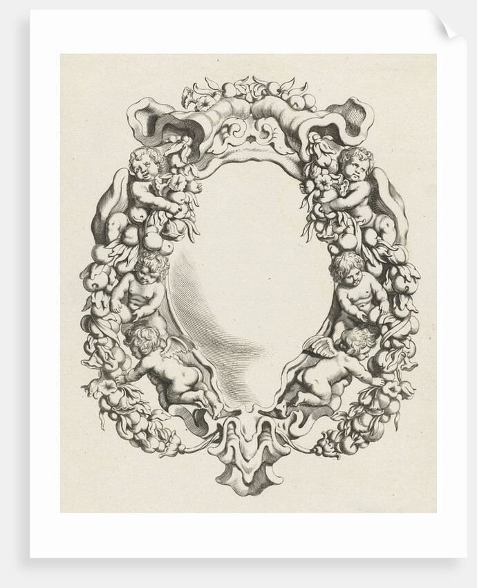 Cartouche with lobe ornament with four children and two angels by Clement de Jonghe