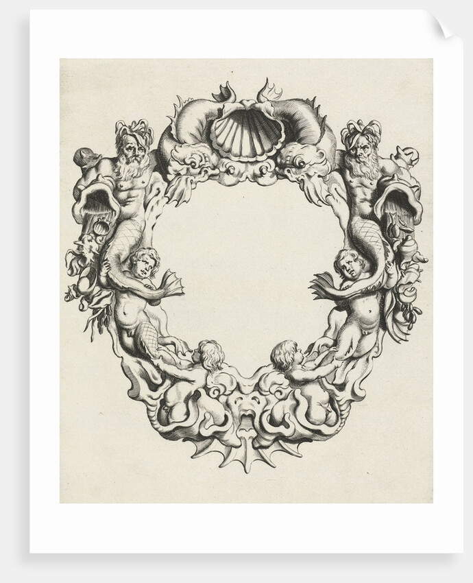 Cartouche with lobe ornament, a top shell flanked by dolphins by Clement de Jonghe
