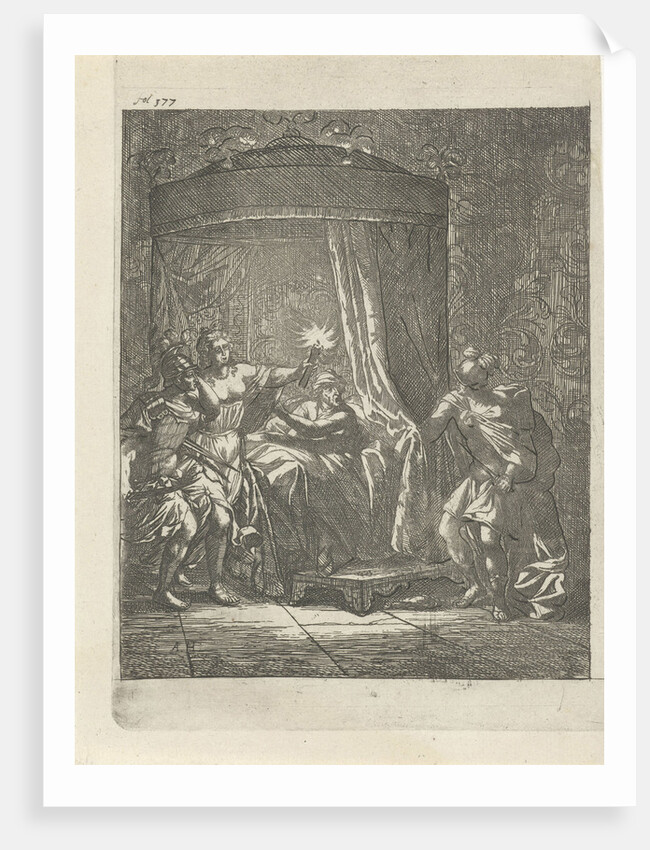 In a dark bedroom is Aristodemus prince of Cuma in bed while he is betrayed by his companion Xenocrite by Arnold Houbraken