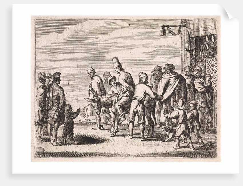 Man tied up on donkey by Cornelis de Wael