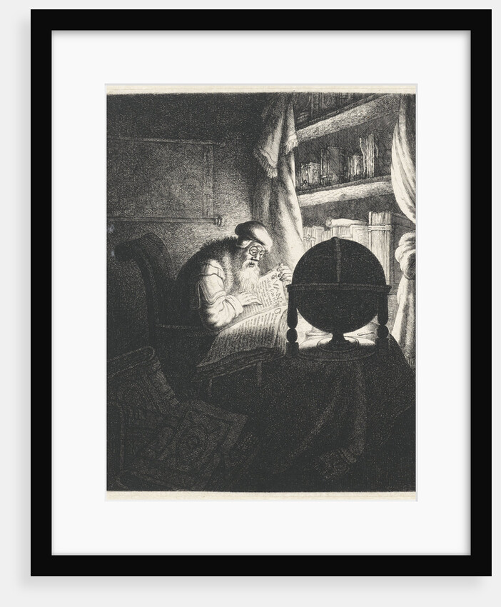 Reading man with glasses in a study room by Jan Gillisz. van Vliet