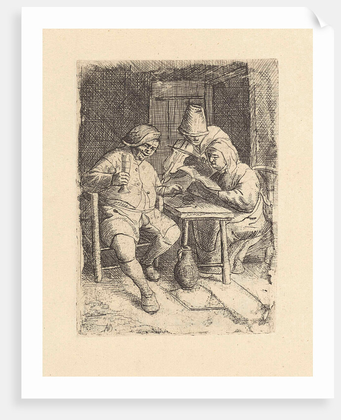 Behind a table in an interior is a woman who sings from a songbook by Jacob Laurensz. van der Vinne