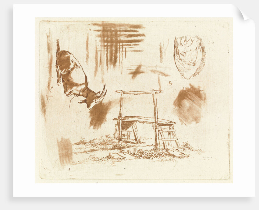 Study Sheet with reclining goat, a wooden bench and a drapery by Johannes Huibert Prins