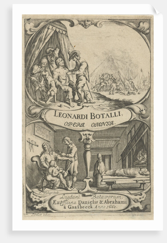 Cartouche with a battlefield and a doctor who takes care of the wounded for a tent by Pieter Philippe