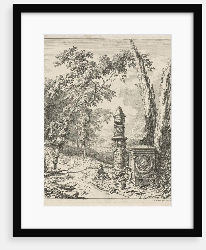 Landscape with figures resting in a tomb by Albert Meyeringh