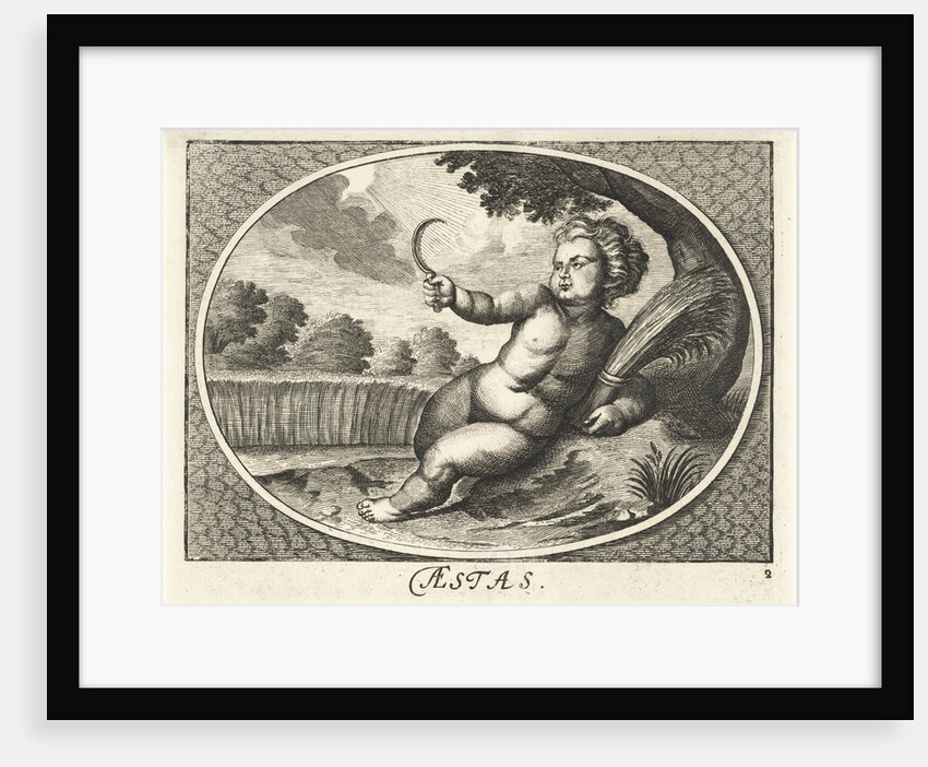Summer in form of child with scythe and sheaf of corn near cornfield by Joh. Christoph Schmidhammer