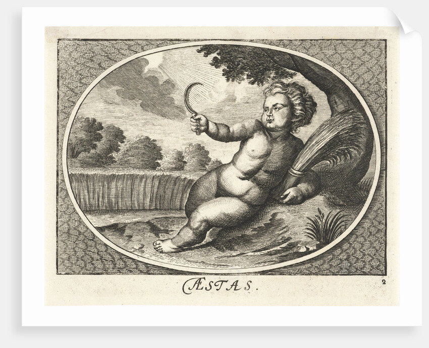 Summer in form of child with scythe and sheaf of corn near cornfield by Joh. Christoph Schmidhammer