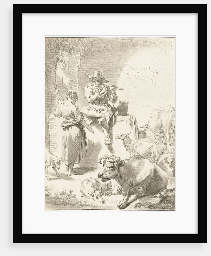 Shepherd sits on a rock and plays the flute, a shepherdess spinning, goats and cows are around the couple by Jurriaan Cootwijck