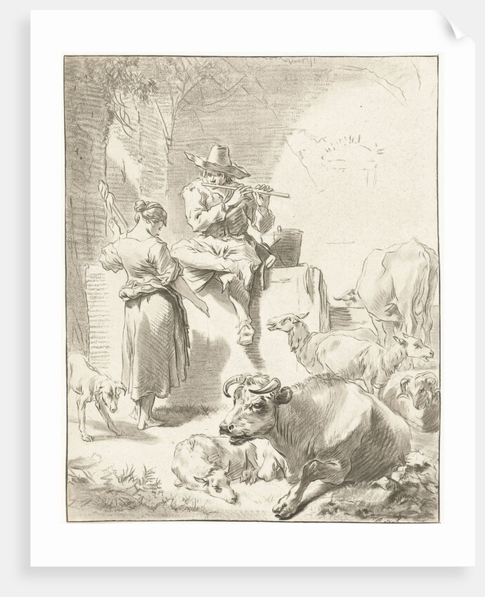 Shepherd sits on a rock and plays the flute, a shepherdess spinning, goats and cows are around the couple by Jurriaan Cootwijck