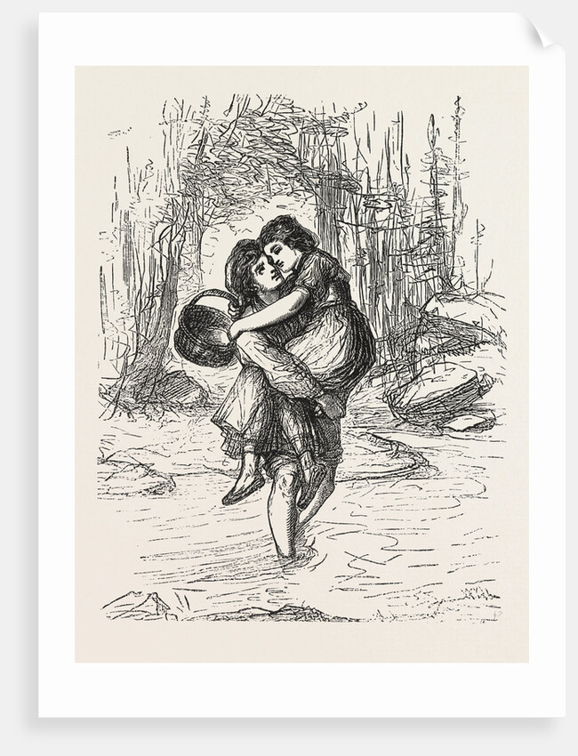 A Pleasant Burden, Friendship, Love, Boy, Girl, Basket, Stream by Anonymous