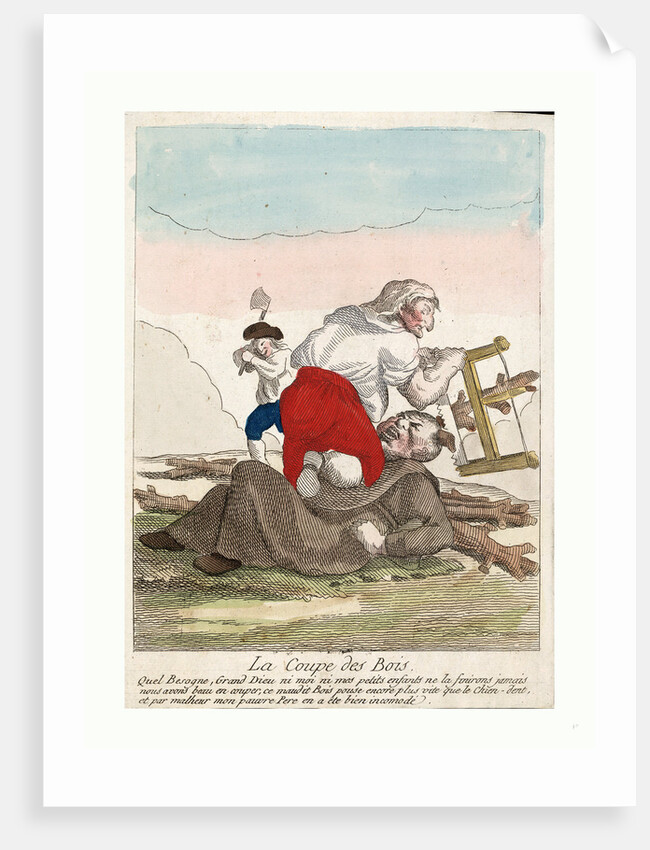 A Member of the Third Estate, Possibly a Woman, Kneeling on Top of a Fallen Friar, Cutting Wooden Branches or Horns from His Head by Anonymous