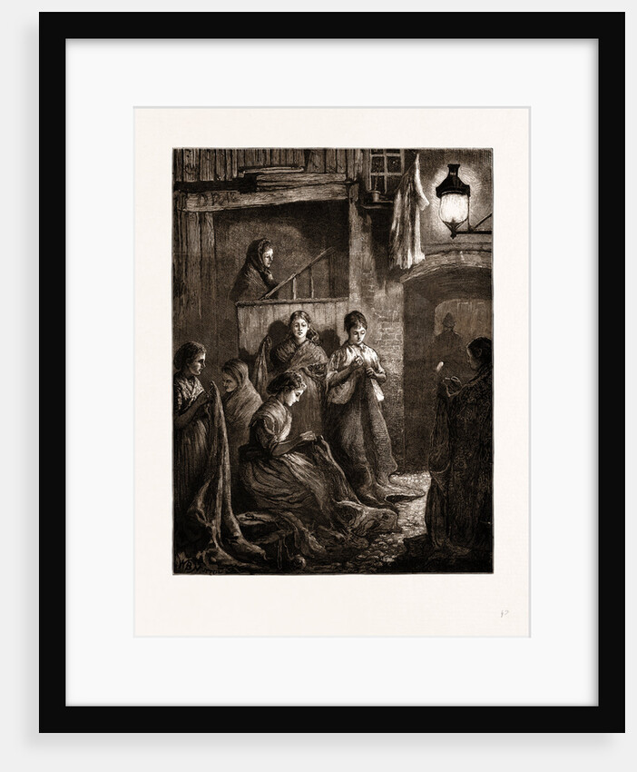 London Life At The East End: Sack-making By The Light Of A Street Lamp, UK by Anonymous