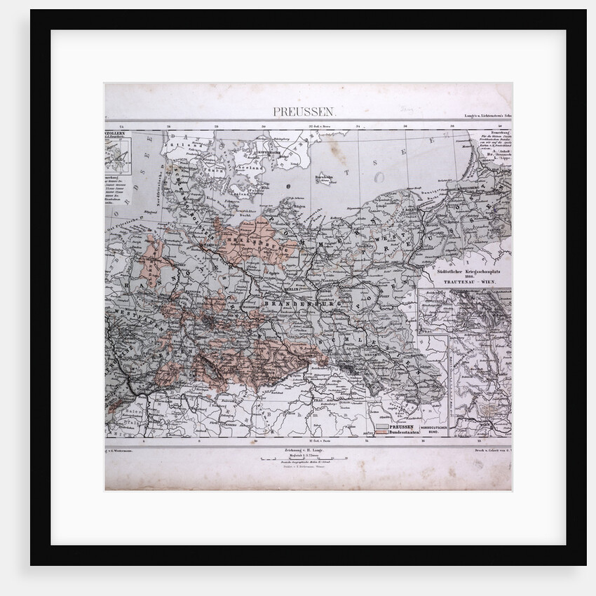 Prussia, Preussen, antique map 1869 by Th. von Liechtenstern and Henry Lange