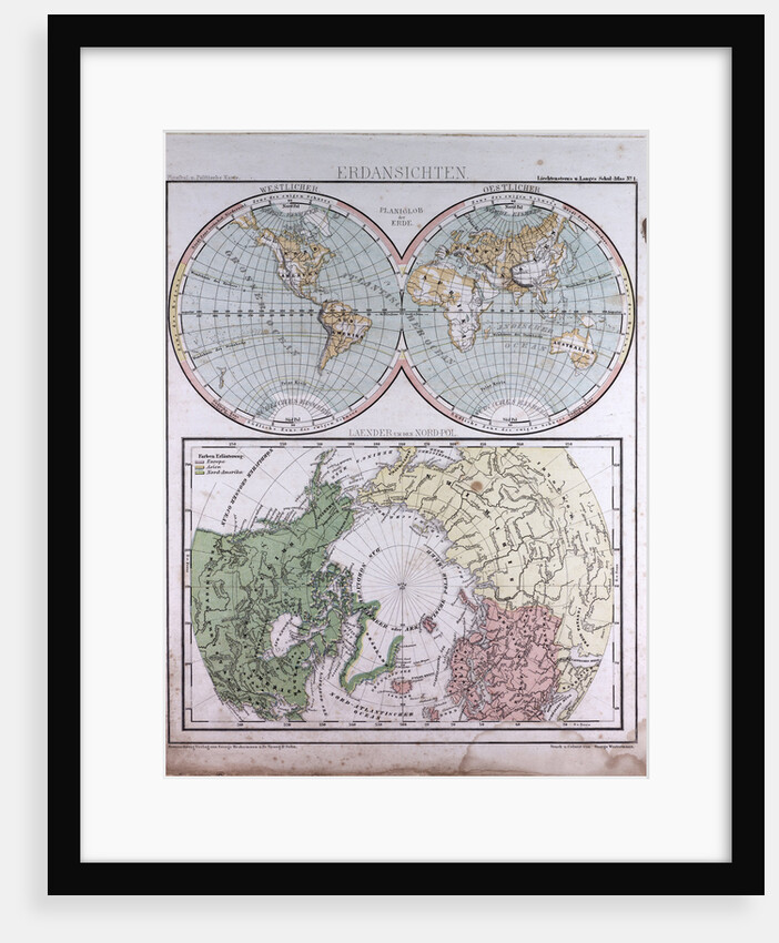 Earth Map, antique map 1869 by Th. von Liechtenstern and Henry Lange