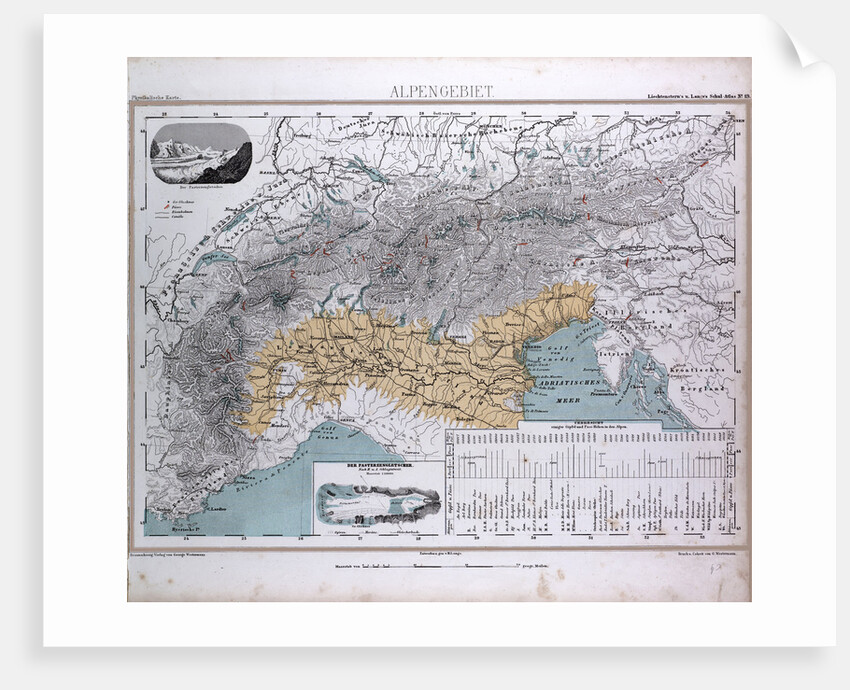 Alps, Alpengebiet, antique map 1869 by Th. von Liechtenstern and Henry Lange