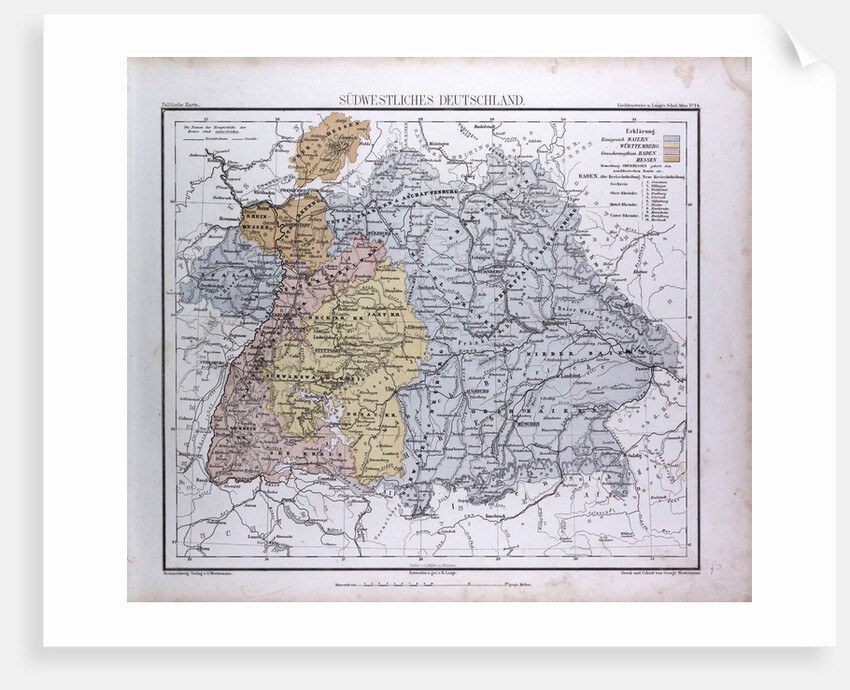South West Germany, Sudwestliches Deutschland, antique map 1869 by Th. von Liechtenstern and Henry Lange