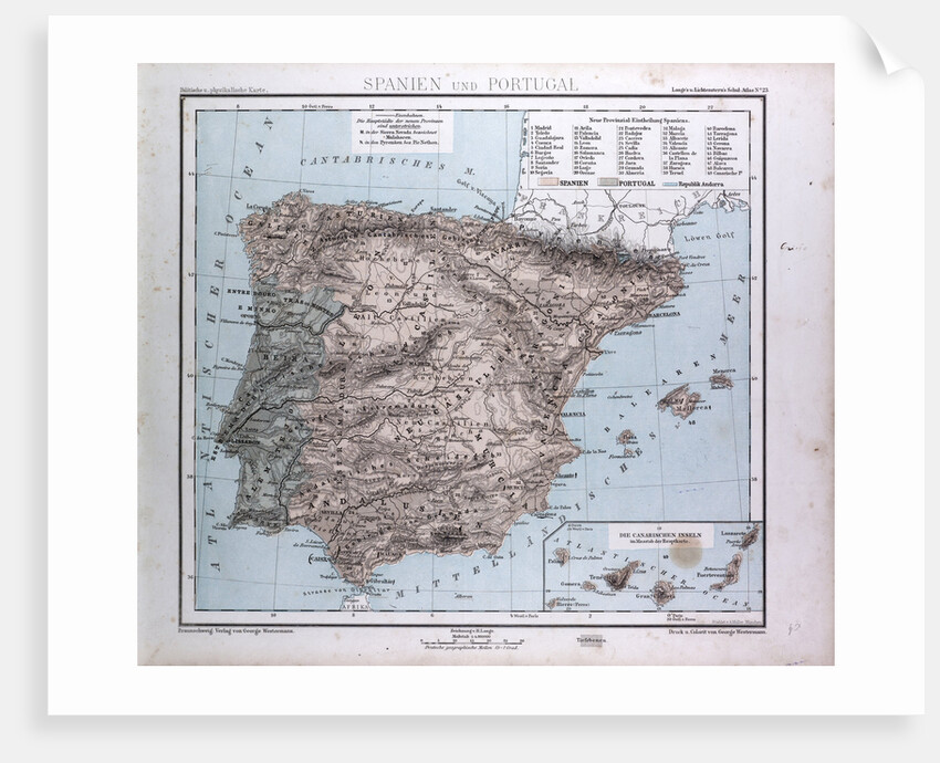 Spain and Portugal Map, antique map 1869 by Th. von Liechtenstern and Henry Lange
