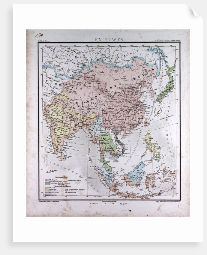 Asia, antique map 1869 by Th. von Liechtenstern and Henry Lange