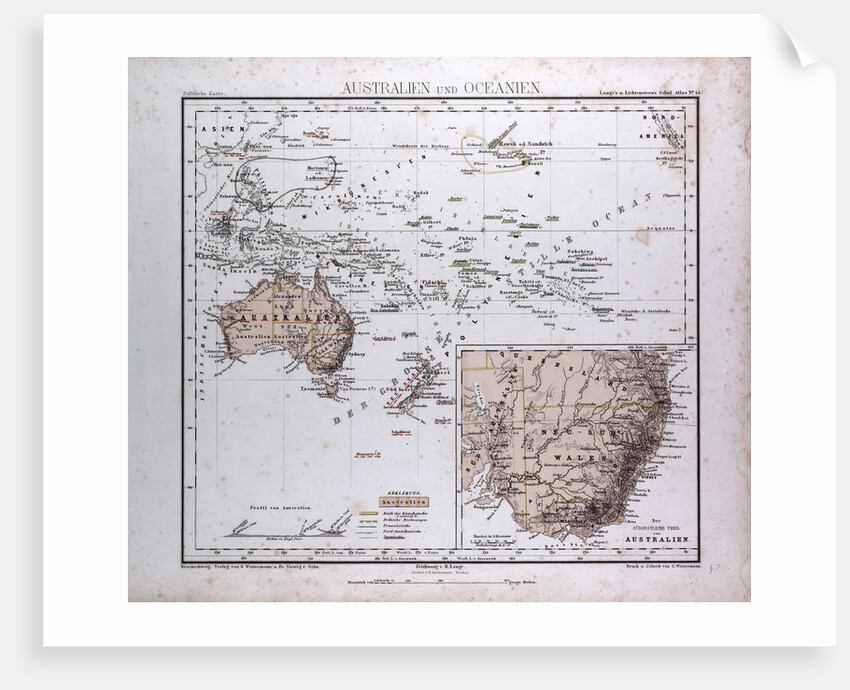 Australia and Oceania Map, antique map 1869 by Th. von Liechtenstern and Henry Lange