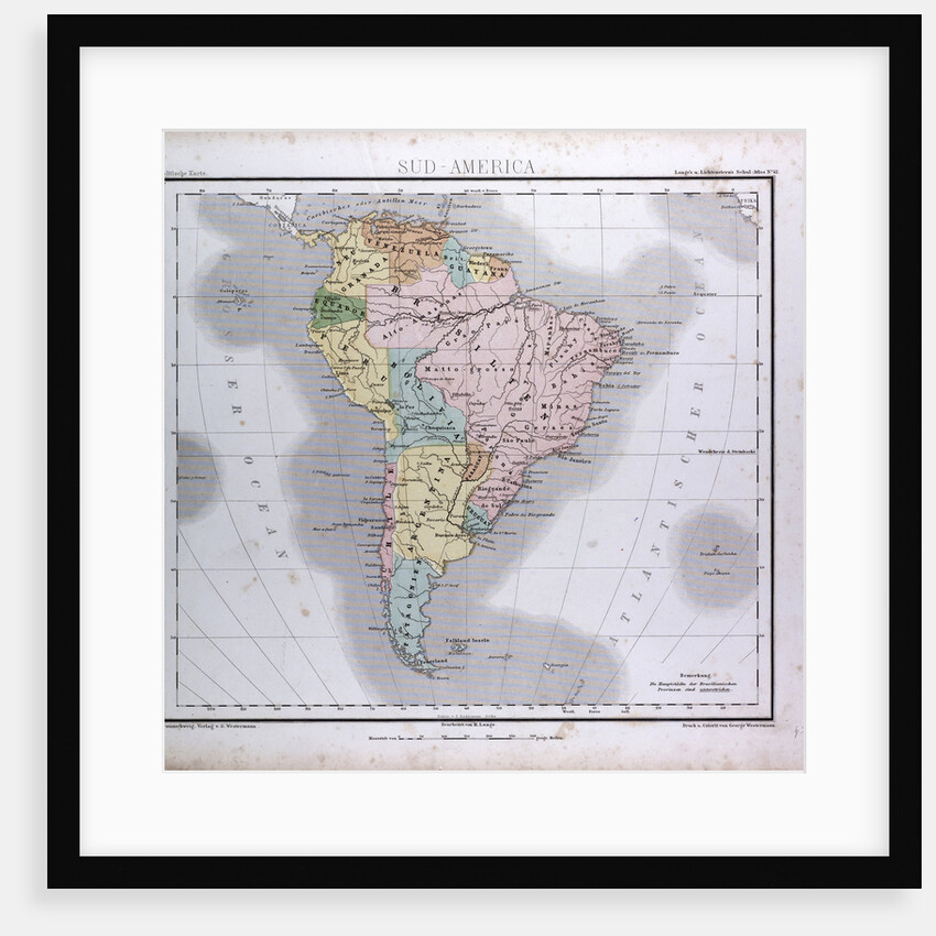 South America Map, antique map 1869 by Th. von Liechtenstern and Henry Lange