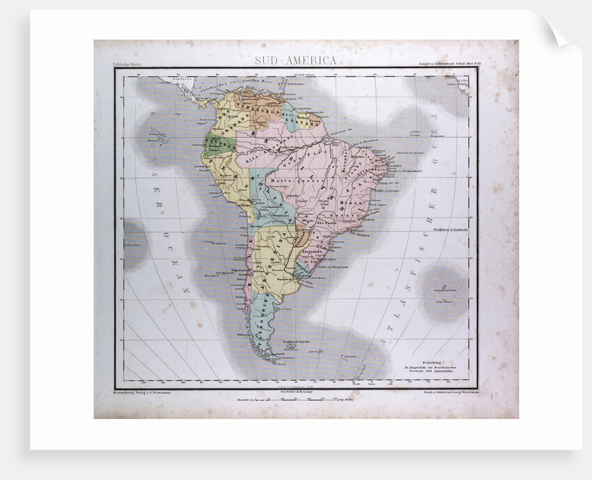 South America Map, antique map 1869 by Th. von Liechtenstern and Henry Lange