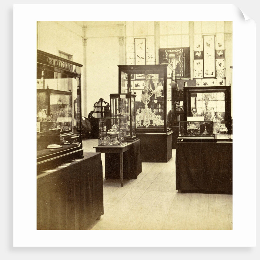 objects in display cases at the exhibition for National Industry and Art in the Palace of Industry, Amsterdam by Anonymous