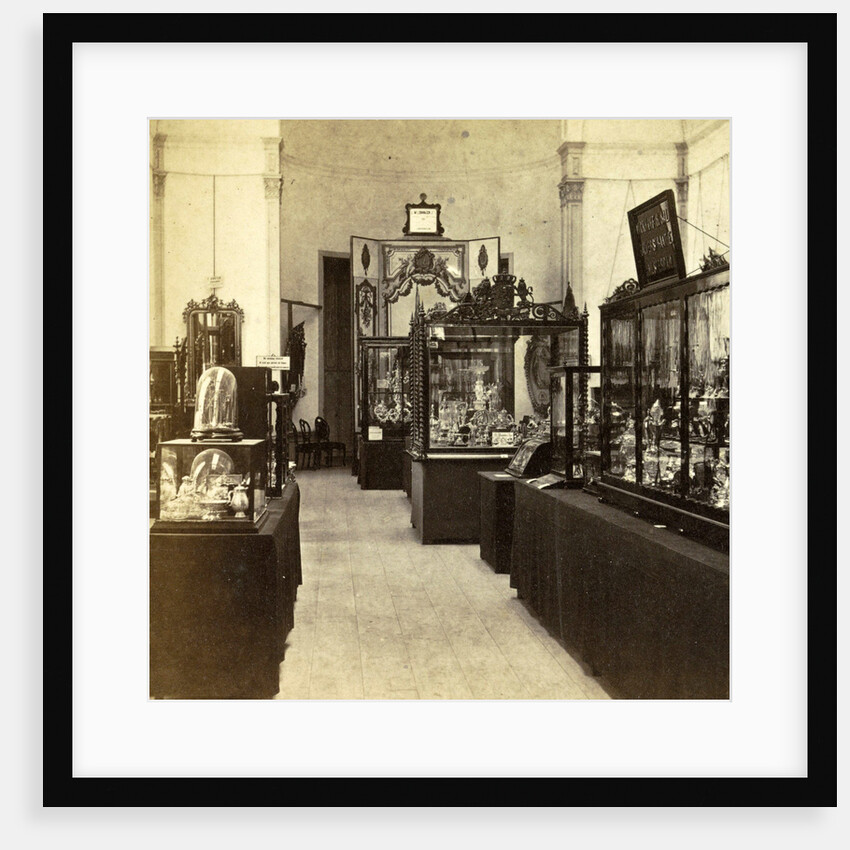 Display cabinets with objects in the exhibition of National Industry and Art in the Palace of Industry, Amsterdam by Anonymous