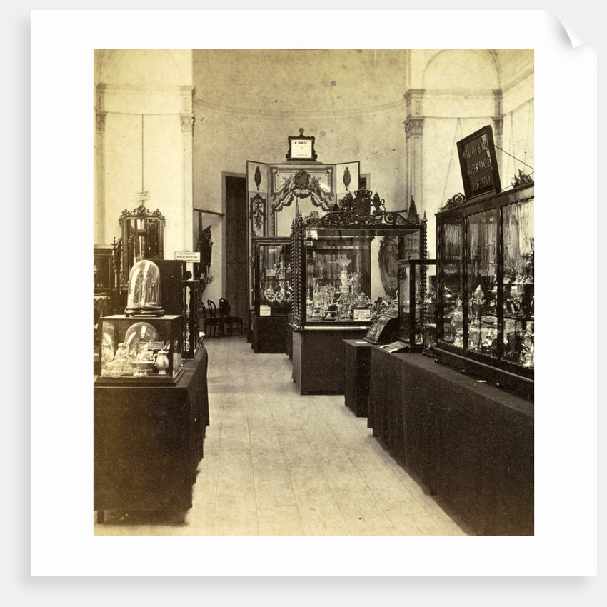 Display cabinets with objects in the exhibition of National Industry and Art in the Palace of Industry, Amsterdam by Anonymous