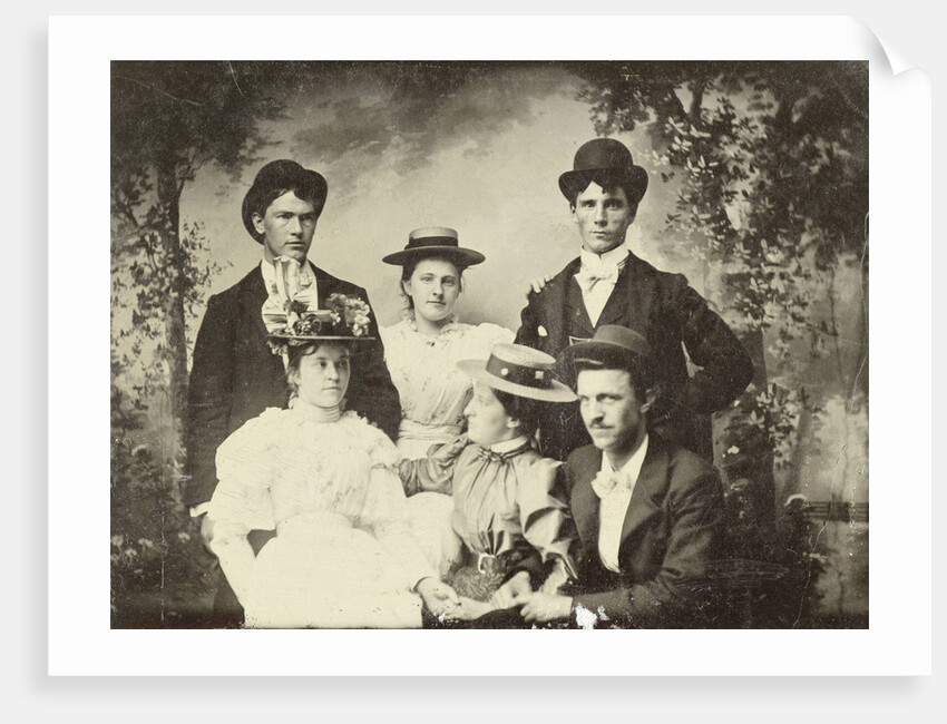 Group portrait of three men and three women, sitting in a studio with painted cloth background (forest or park scene) by Anonymous