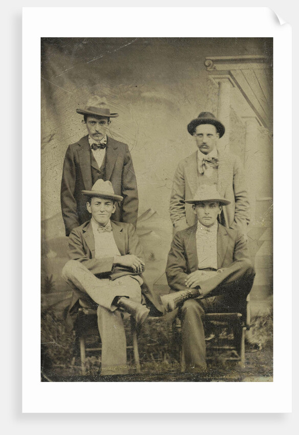 Portrait of four men sitting and standing in front of a painted backdrop, architecture by Anonymous