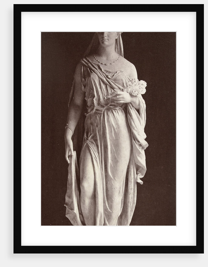 Marble statue of a woman in robe and veil over her head, in her left hand she carries a bouquet of flowers by Louis-Emile Durandelle