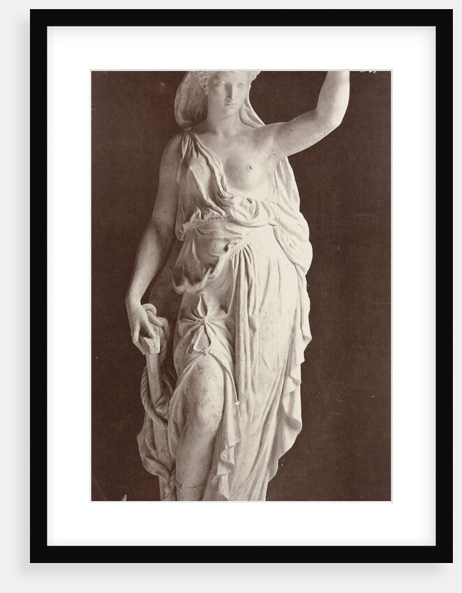 Marble statue of a woman in a robe with a bare chest, in her left hand she wears a laurel wreath in her right a ship's anchor by Louis-Emile Durandelle