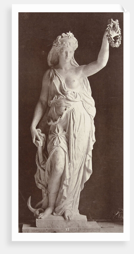 Marble statue of a woman in a robe with a bare chest, in her left hand she wears a laurel wreath in her right a ship's anchor by Louis-Emile Durandelle